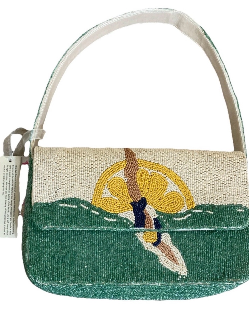 Viral Handcrafted In India Beach Sun Beaded Bag Purse New Aqua Ivory